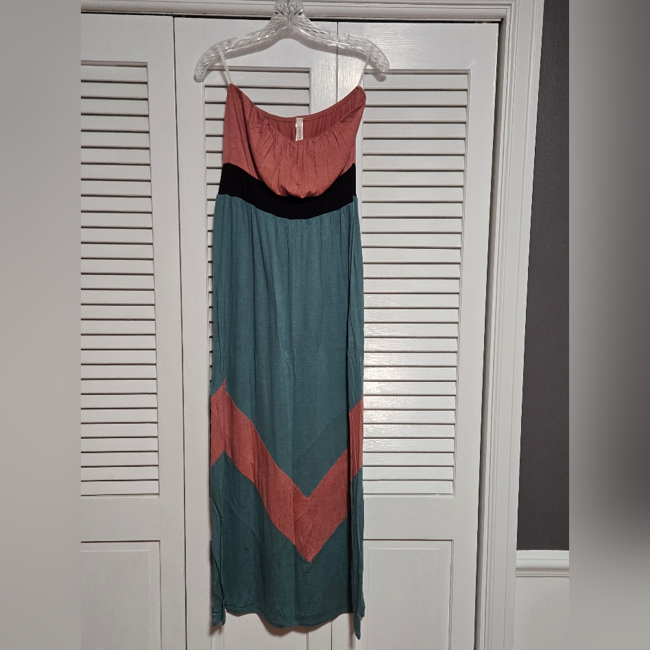 Elegant Strapless Colorblock Maxi Dress - Mauve And Teal, Medium, Nwt